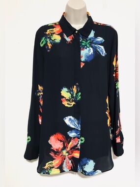 Floral Print Button-Up Blouse - black Multi Color Floral